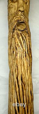 Hand Carved Wood Spirit Wizard Walking Stick Cane 46 T Handle Folk Art Unique