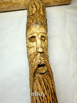 Hand Carved Wood Spirit Wizard Walking Stick Cane 46 T Handle Folk Art Unique