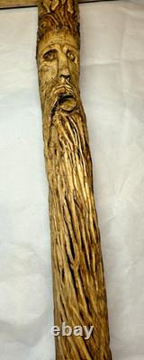 Hand Carved Wood Spirit Wizard Walking Stick Cane 46 T Handle Folk Art Unique