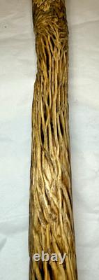 Hand Carved Wood Spirit Wizard Walking Stick Cane 46 T Handle Folk Art Unique