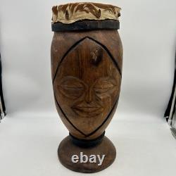 Hand Carved Wooden Djembe Drum 21 Tribal Face African Style Folk Art Japan