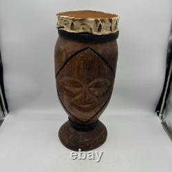 Hand Carved Wooden Djembe Drum 21 Tribal Face African Style Folk Art Japan