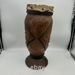 Hand Carved Wooden Djembe Drum 21 Tribal Face African Style Folk Art Japan