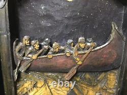 Hand Carved Wooden Folk Tale Art La Chasse-Galerie The Enchanted Canoe Quebec