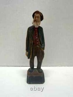Hand Carved Wooden Man Figurine Vintage Folk Art Character in Rustic Clothing