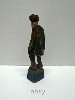 Hand Carved Wooden Man Figurine Vintage Folk Art Character in Rustic Clothing