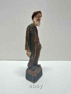 Hand Carved Wooden Man Figurine Vintage Folk Art Character in Rustic Clothing