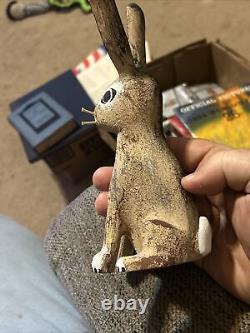 Hand Carved and Painted Wooden Bunny Sculpture by David Alvarez