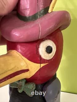 Hand Carved and Painted Wooden Folk Art Parrot With Hat & Bow Tie OOAK, 13