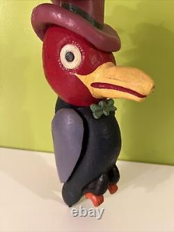 Hand Carved and Painted Wooden Folk Art Parrot With Hat & Bow Tie OOAK, 13