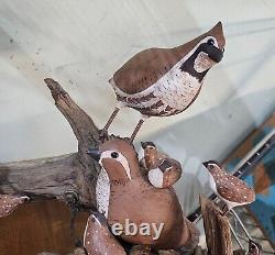 Hand Carved/painted Quail Folk Art Birds On driftwood Upper Cumberland Bilerby