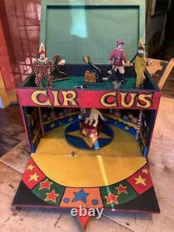 Hand Made Folk Art Vintage Circus Musical Box with Carved Clowns, Lion & Master