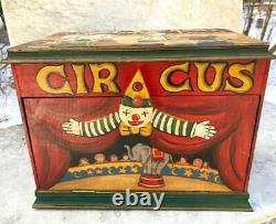 Hand Made Folk Art Vintage Circus Musical Box with Carved Clowns, Lion & Master