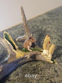 Hand carved Deer Antler Morel Mushroom/Mouse Rotting log Shed Carving Folk Art