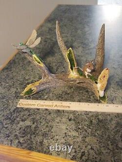 Hand carved Deer Antler Morel Mushroom/Mouse Rotting log Shed Carving Folk Art