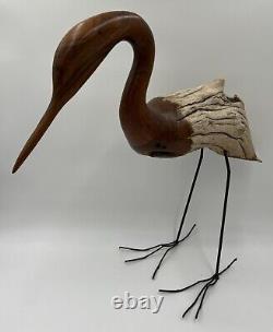 Hand-carved Driftwood Sculpture Bird on Steel Legs Branded JPM'88 James P. Morton