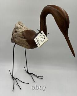 Hand-carved Driftwood Sculpture Bird on Steel Legs Branded JPM'88 James P. Morton