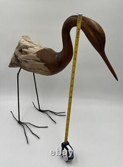 Hand-carved Driftwood Sculpture Bird on Steel Legs Branded JPM'88 James P. Morton