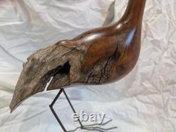Hand-carved Driftwood Sculpture Bird on Steel Legs Branded JPM James P. Morton X2