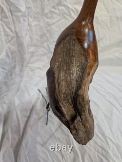 Hand-carved Driftwood Sculpture Bird on Steel Legs Branded JPM James P. Morton X2