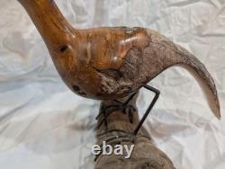 Hand-carved Driftwood Sculpture Bird on Steel Legs Branded JPM James P. Morton X2