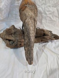 Hand-carved Driftwood Sculpture Bird on Steel Legs Branded JPM James P. Morton X2