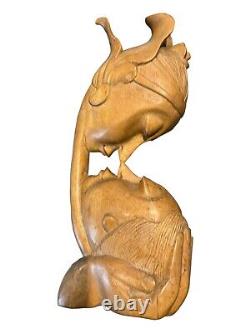 Hand carved Indonesian Wood Sculpture Couple Kissing Romantic Folk Art Antique