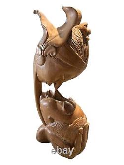 Hand carved Indonesian Wood Sculpture Couple Kissing Romantic Folk Art Antique