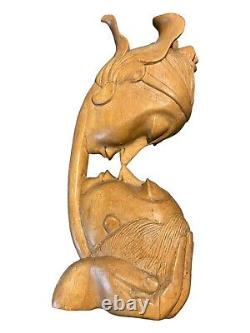 Hand carved Indonesian Wood Sculpture Couple Kissing Romantic Folk Art Antique