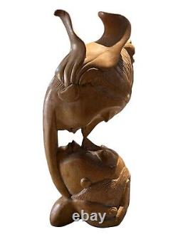 Hand carved Indonesian Wood Sculpture Couple Kissing Romantic Folk Art Antique