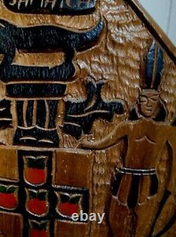 Handcarved Jamaica Wood Carving Wall Hanging Folk Art Coat of Arms Unsigned
