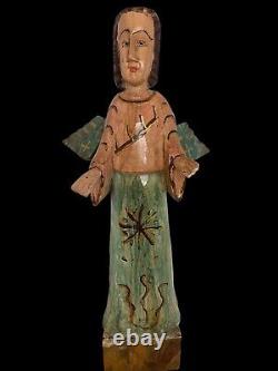 Handmade, Carved and Painted Rustic Guardian Angel 24 1/2 Tall Vintage Folk Art