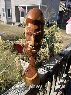 Henry Wallace Wood Carving Signed Bahamas 1989 Cubist Caribbean Folk Art Tiki