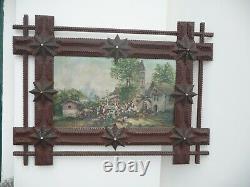 Huge Antique Sensational Folk Tramp Art Chip Carved Picture Frame