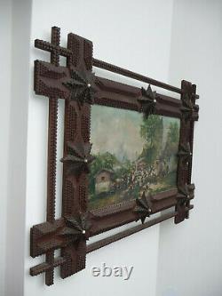 Huge Antique Sensational Folk Tramp Art Chip Carved Picture Frame