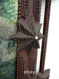 Huge Antique Sensational Folk Tramp Art Chip Carved Picture Frame