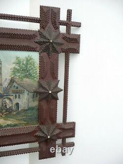 Huge Antique Sensational Folk Tramp Art Chip Carved Picture Frame