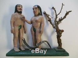 Ildefonso Quiroz Large Vintage Wood Carving Adam Eve Icon Nude Folk Naive Snake