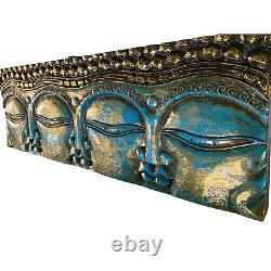 Infinite Faces Buddha Wall Sculpture Panel Hand Carved Bali art Turquoise