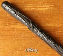 Irish Bog Oak Folk Art Snake Walking Stick Cane. Carved Clover, Fern Leaf. C1900