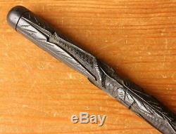 Irish Bog Oak Folk Art Snake Walking Stick Cane. Carved Clover, Fern Leaf. C1900