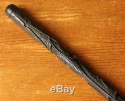 Irish Bog Oak Folk Art Snake Walking Stick Cane. Carved Clover, Fern Leaf. C1900