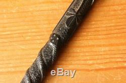 Irish Bog Oak Folk Art Snake Walking Stick Cane. Carved Clover, Fern Leaf. C1900