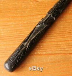 Irish Bog Oak Folk Art Snake Walking Stick Cane. Carved Clover, Fern Leaf. C1900