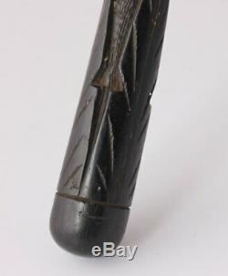 Irish Bog Oak Folk Art Snake Walking Stick Cane. Carved Clover, Fern Leaf. C1900