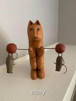 JOHN CARLTON Folk Art Wood Carving CAT WITH BARBELL AND MICE Signed (1998)
