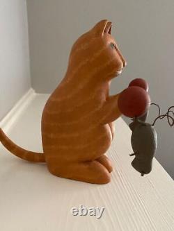 JOHN CARLTON Folk Art Wood Carving CAT WITH BARBELL AND MICE Signed (1998)
