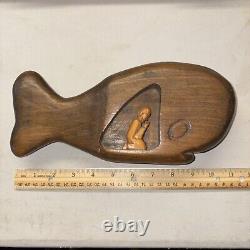 JONAH AND THE WHALE Vintage Folk Art Primitive Religious Carving Signed by Hman