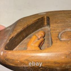 JONAH AND THE WHALE Vintage Folk Art Primitive Religious Carving Signed by Hman