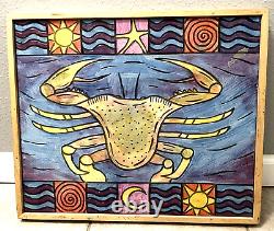 JUBILEE SQUARES Folk Art Mardi Gras Vtg Frame Wood Hand Made Carved Crab Tony K